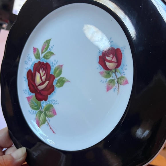 Queen Anne Black Rose Pattern Bone China England Black Rim Rose Pattern Dishes - Picture 2 of 6